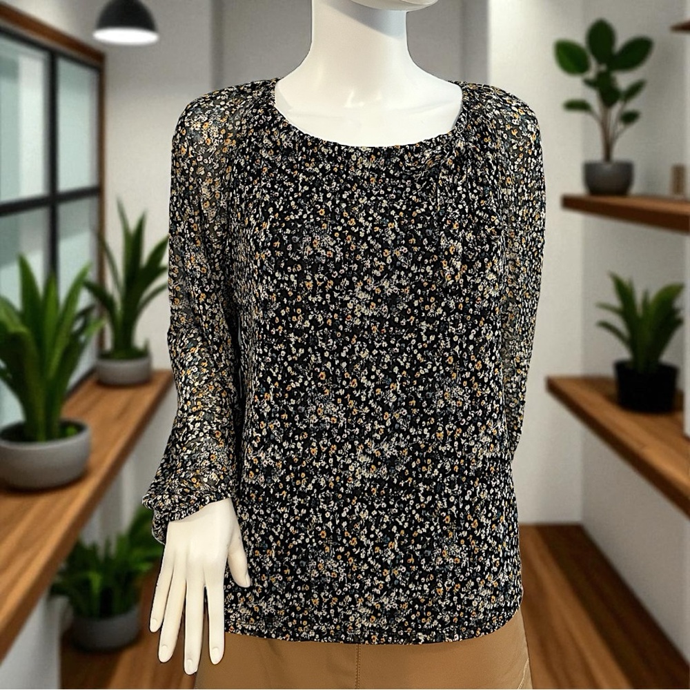 By Design Brand Women's Winnie Black & Yellow LS Scoop Neck with Tie Size M NWT!
